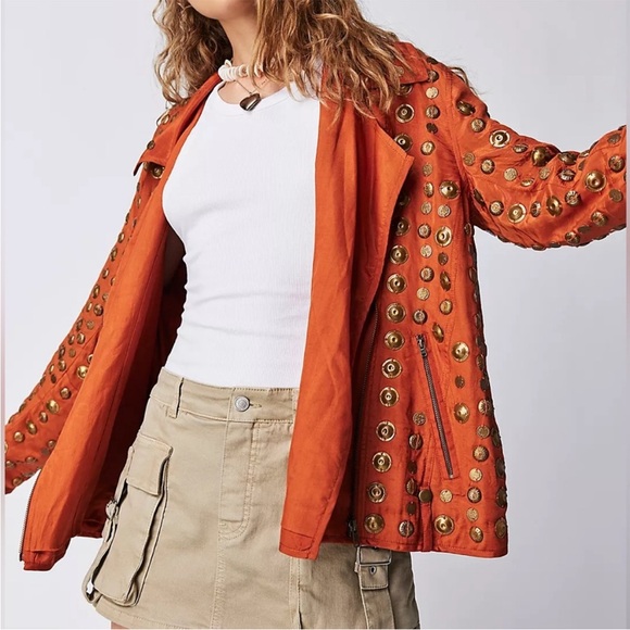 Free People Large Jacket Chelsea Coin Moto Jacket in Bronze zipper pockets - Picture 3 of 8